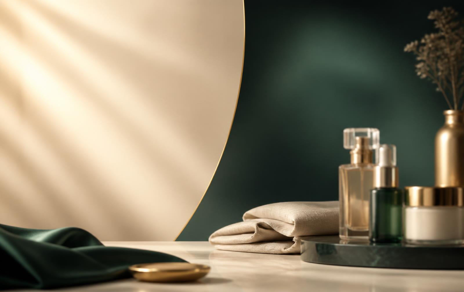 Composição de perfumes, skincare e roupa de cama importados
